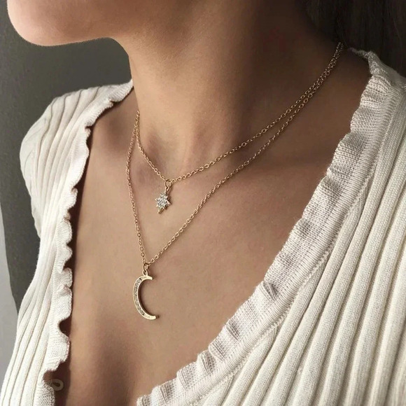 Dainty Layer Boho Gold Moon Star Necklace - Picture 2 of 5